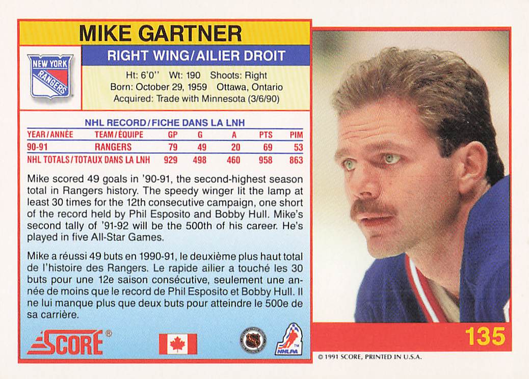 1991-92 Score Canadian English Hockey Mike Gartner #135