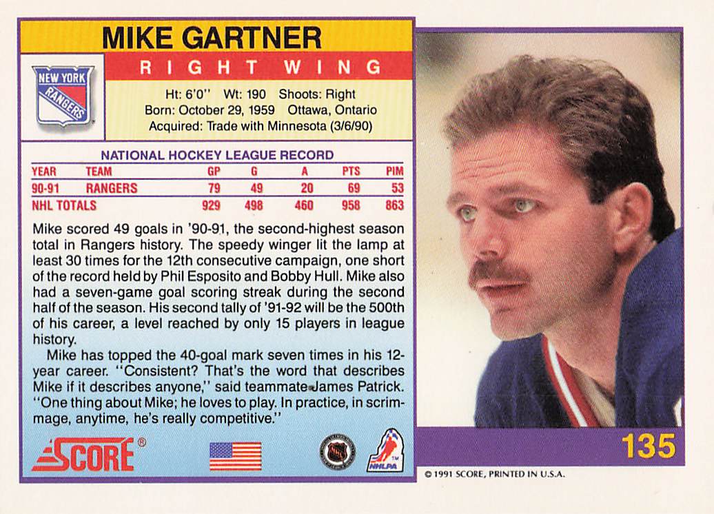 1991-92 Score American Hockey Mike Gartner #135
