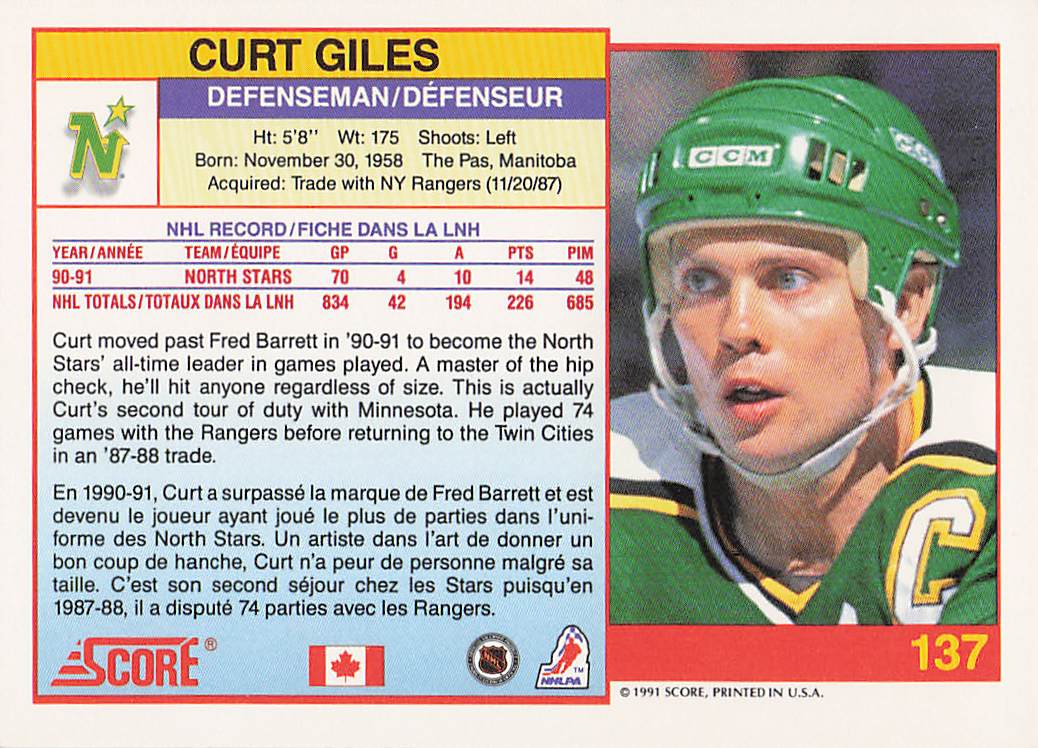 1991-92 Score Canadian English Hockey Curt Giles #137