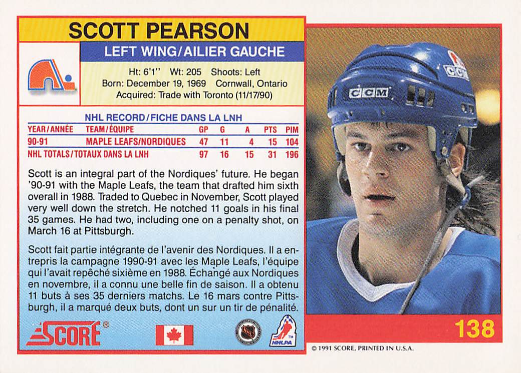 1991-92 Score Canadian English Hockey Scott Pearson #138