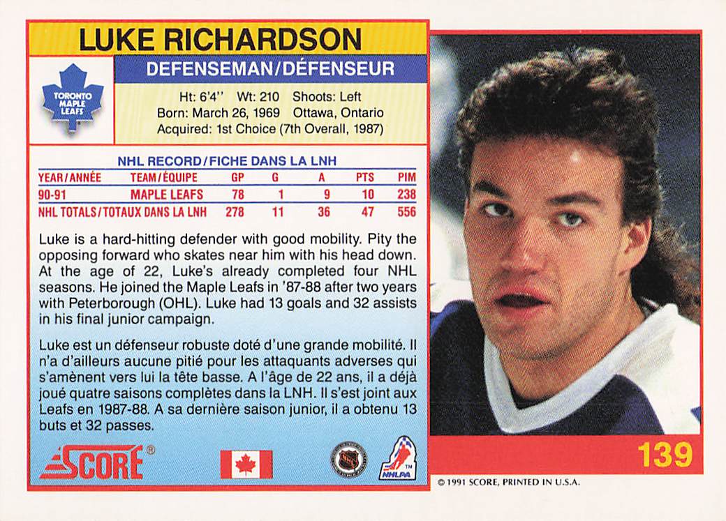 1991-92 Score Canadian English Hockey Luke Richardson #139