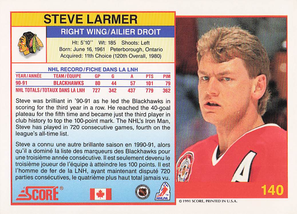 1991-92 Score Canadian English Hockey Steve Larmer #140