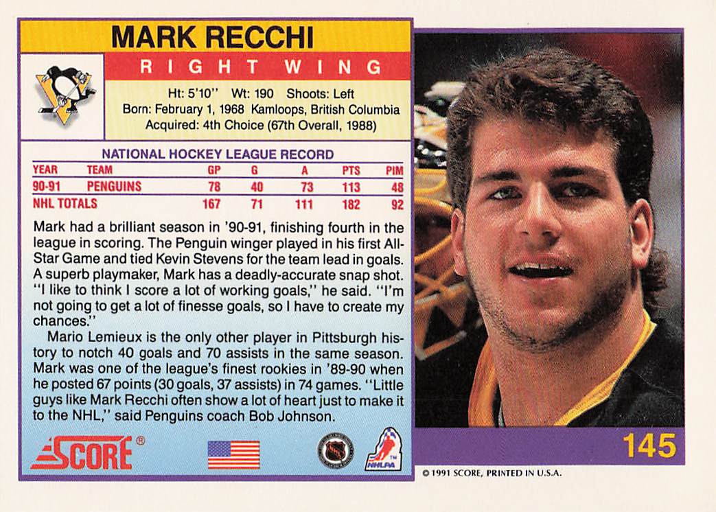 1991-92 Score American Hockey Mark Recchi #145