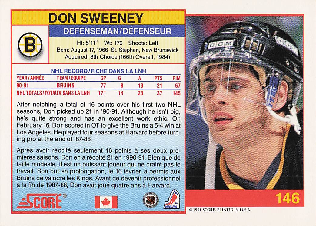 1991-92 Score Canadian English Hockey Don Sweeney #146