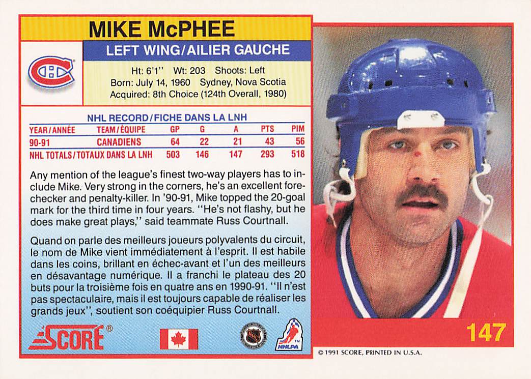 1991-92 Score Canadian English Hockey Mike McPhee #147
