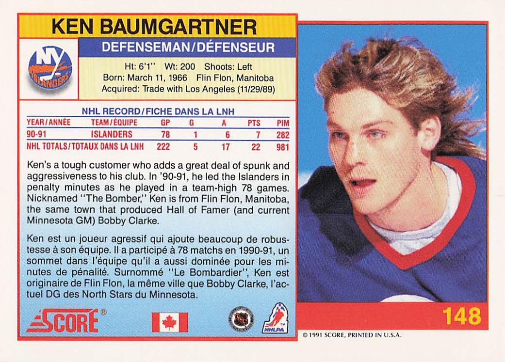 1991-92 Score Canadian English Hockey Ken Baumgartner #148