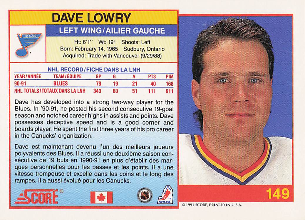 1991-92 Score Canadian English Hockey Dave Lowry #149