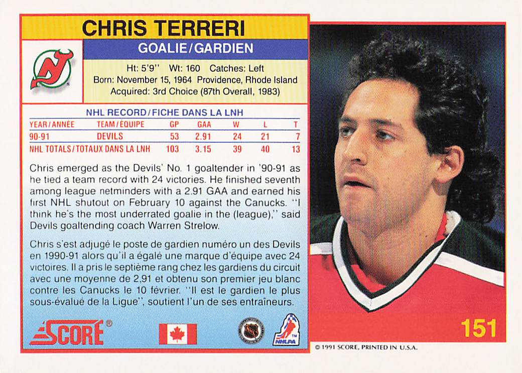 1991-92 Score Canadian English Hockey Chris Terreri #151