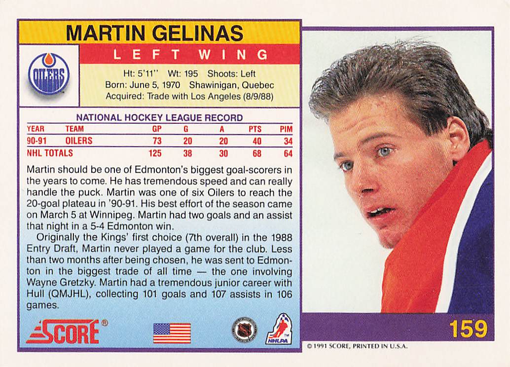 1991-92 Score American Hockey Martin Gelinas #159