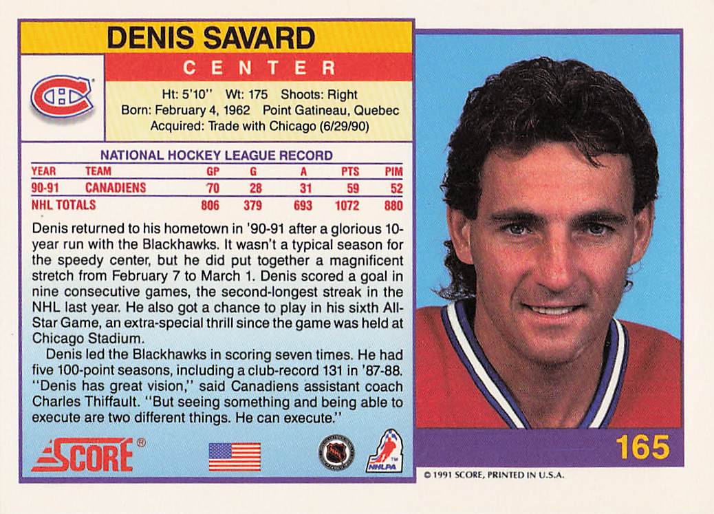 1991-92 Score American Hockey Denis Savard #165
