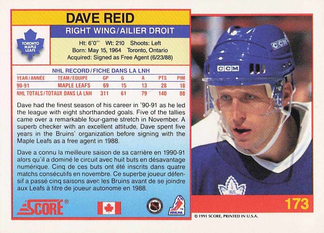 1991-92 Score Canadian English Hockey Dave Reid #173