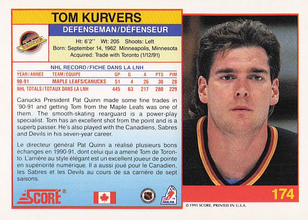 1991-92 Score Canadian English Hockey Tom Kurvers #174