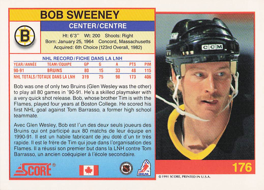 1991-92 Score Canadian English Hockey Bob Sweeney #176