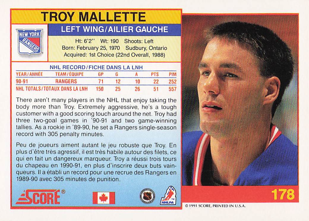 1991-92 Score Canadian English Hockey Troy Mallette #178