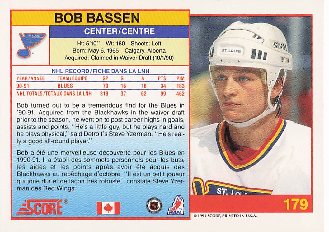 1991-92 Score Canadian English Hockey Bob Bassen #179