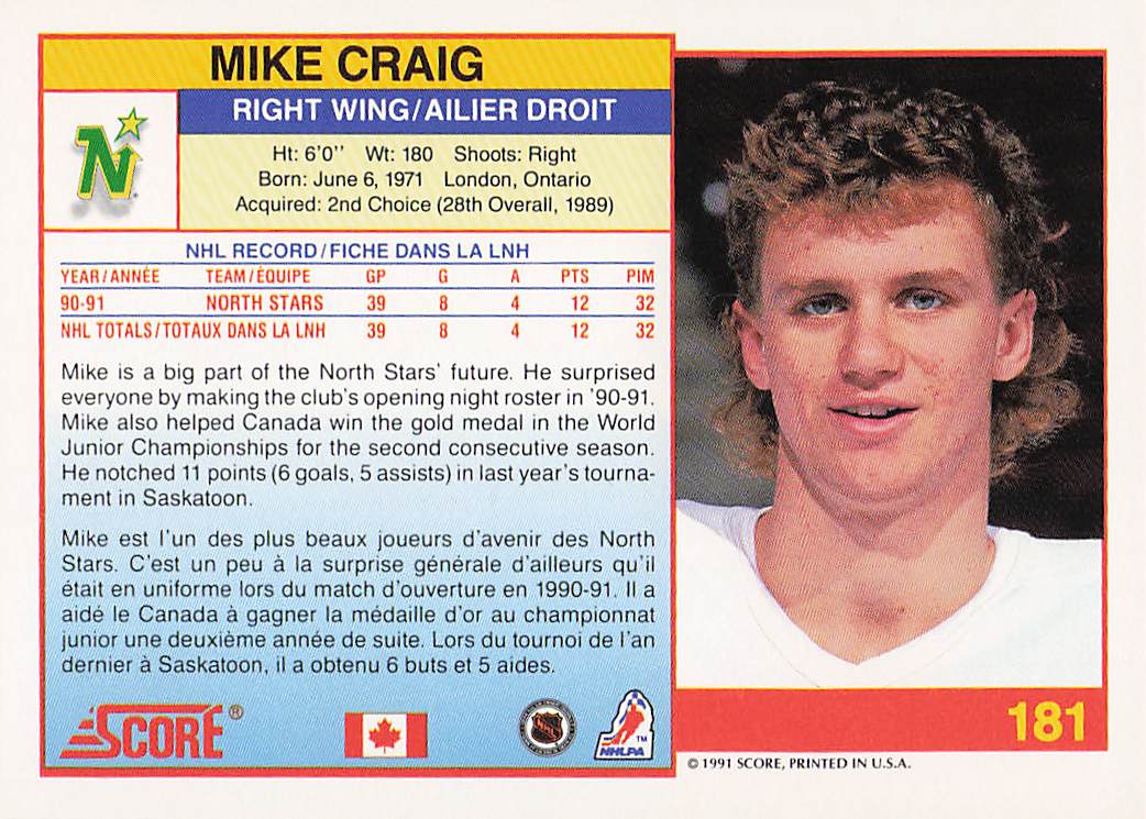 1991-92 Score Canadian English Hockey Mike Craig #181