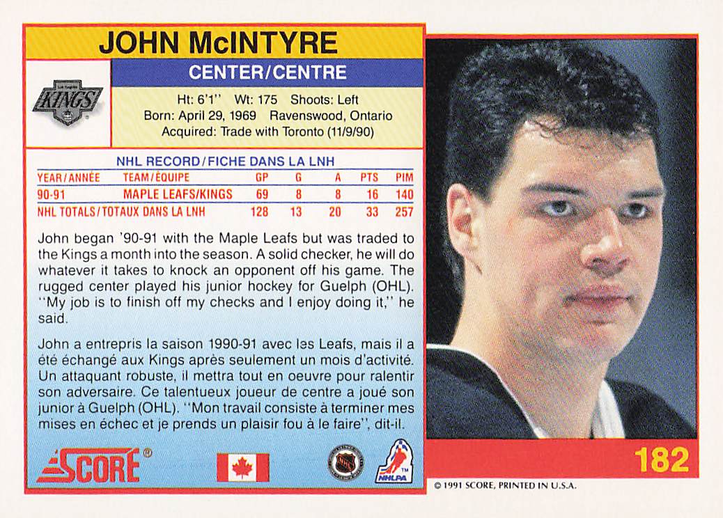 1991-92 Score Canadian English Hockey John McIntyre #182