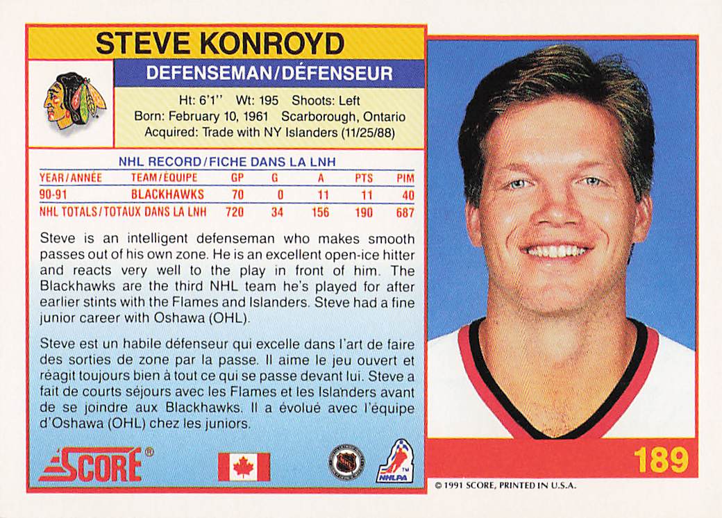 1991-92 Score Canadian English Hockey Steve Konroyd #189