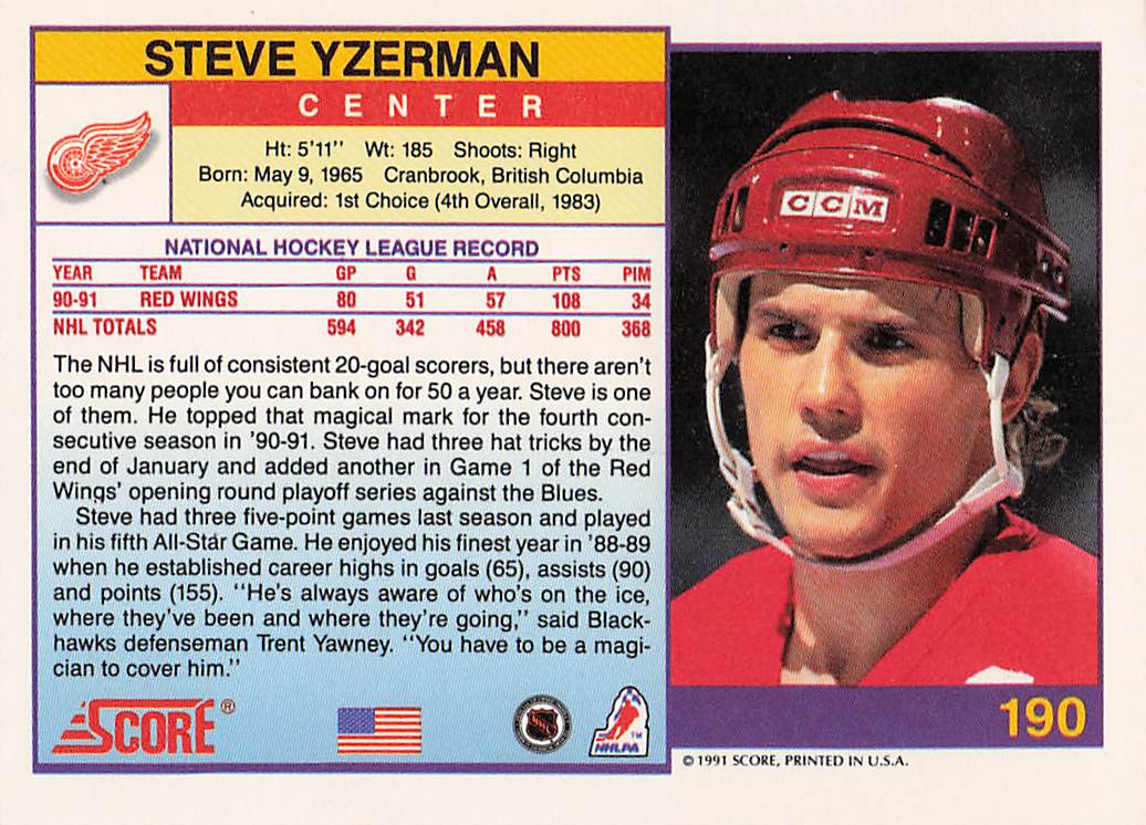 1991-92 Score American Hockey Steve Yzerman #190