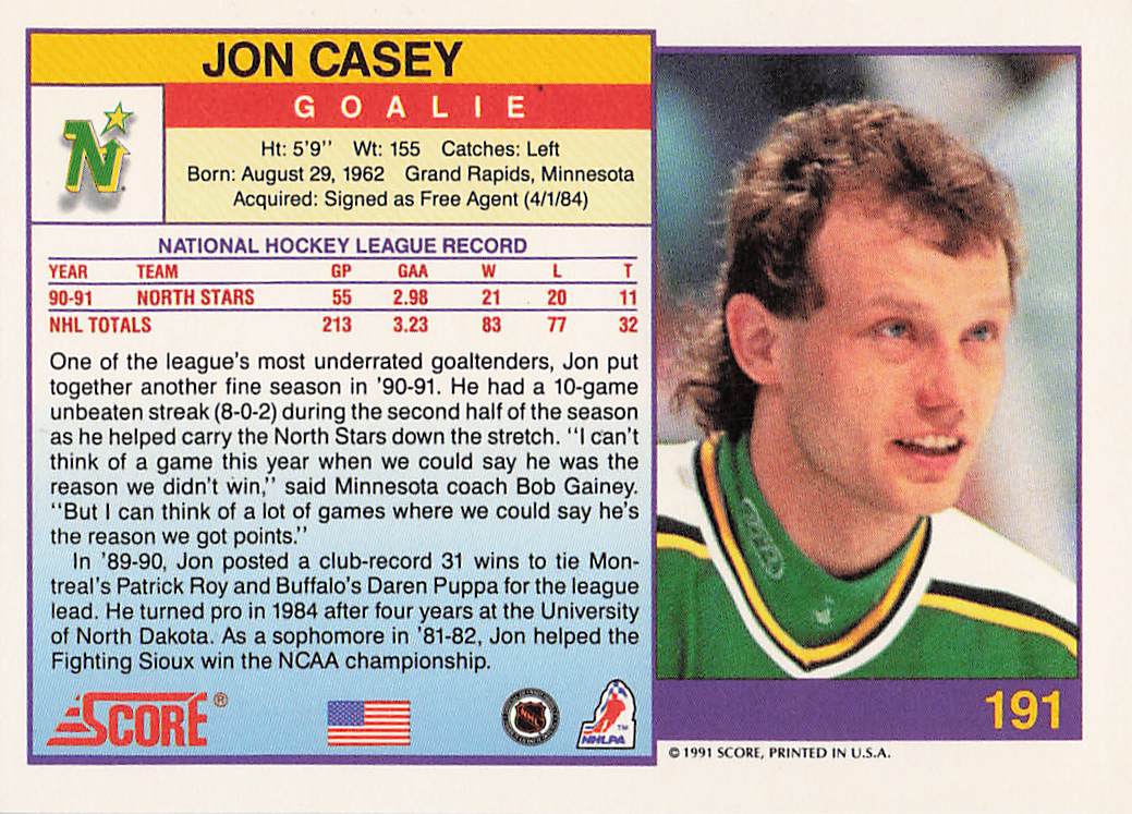 1991-92 Score American Hockey Jon Casey #191