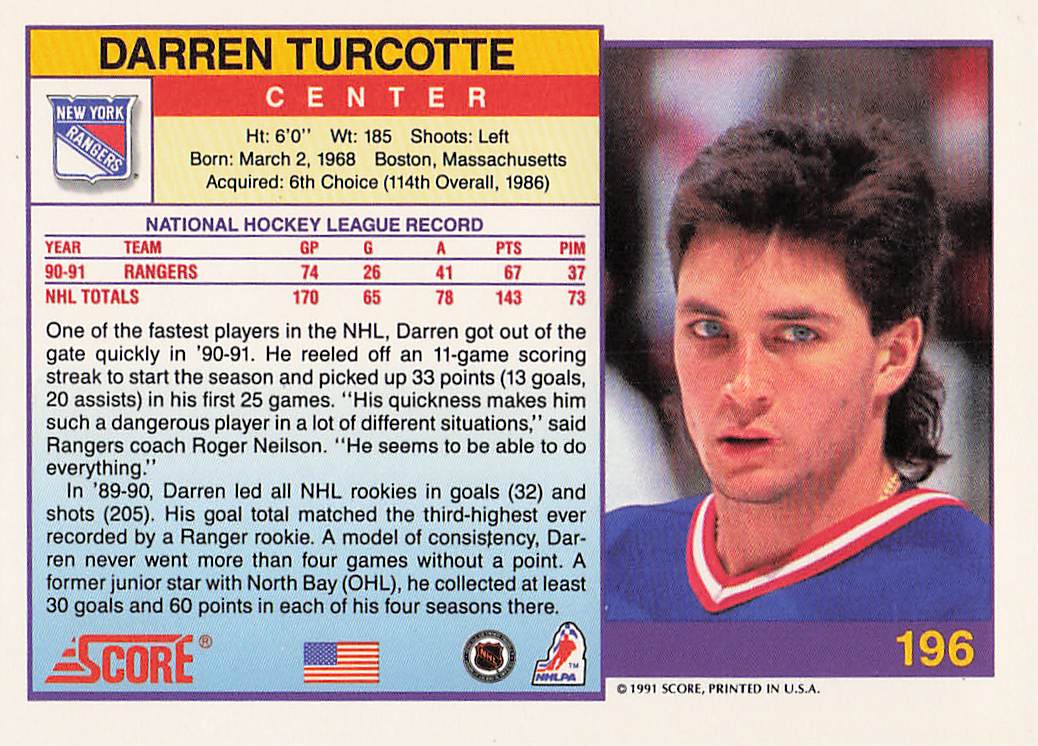 1991-92 Score American Hockey Darren Turcotte #196