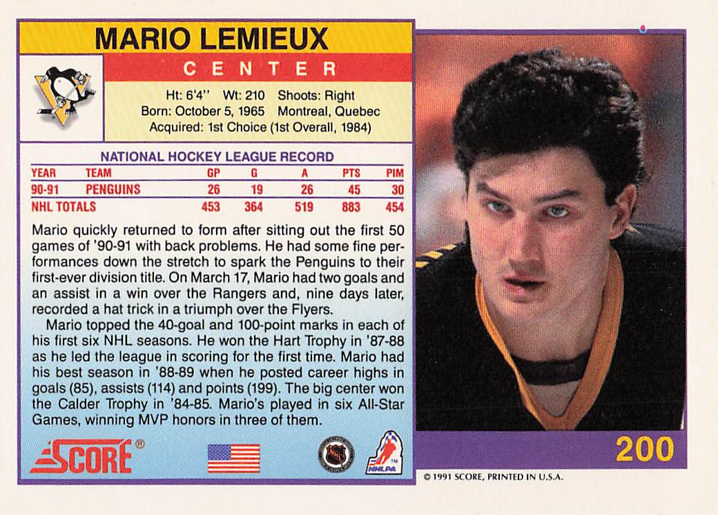 1991-92 Score American Hockey Mario Lemieux #200