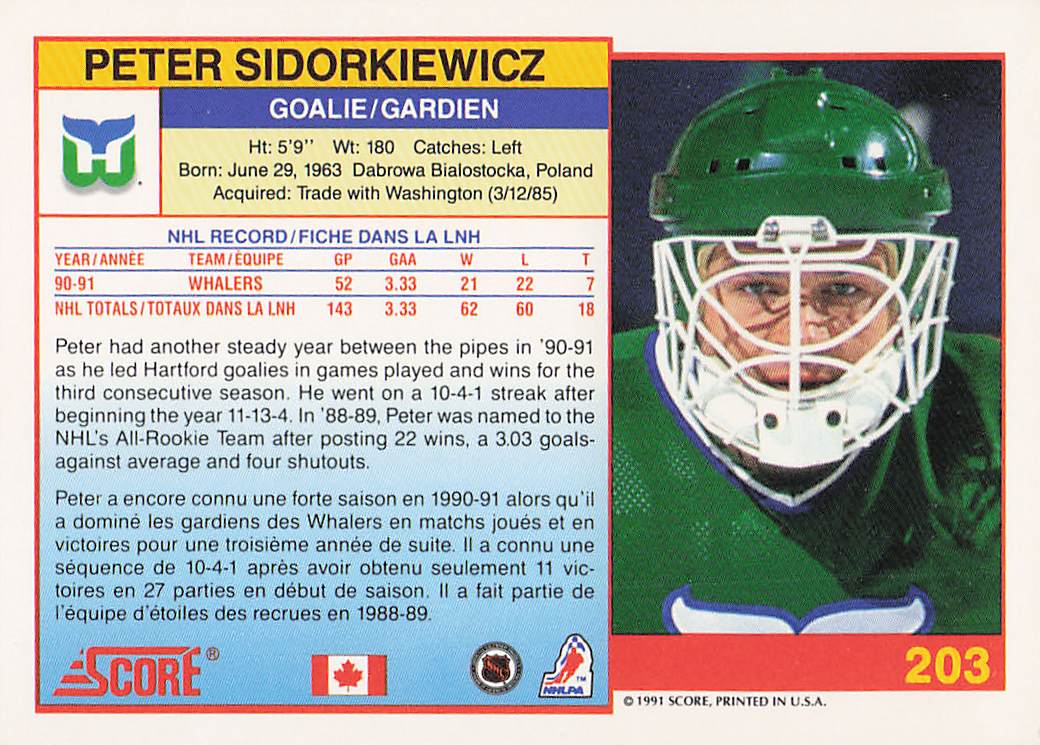 1991-92 Score Canadian English Hockey Peter Sidorkiewicz #203