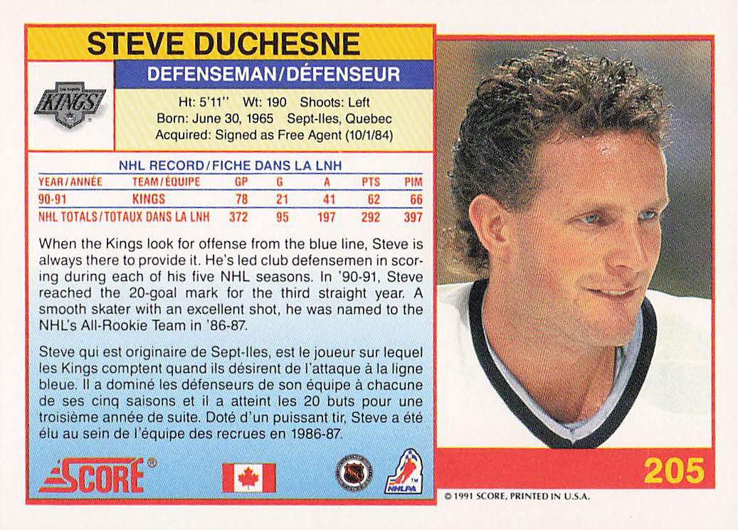 1991-92 Score Canadian English Hockey Steve Duchesne #205