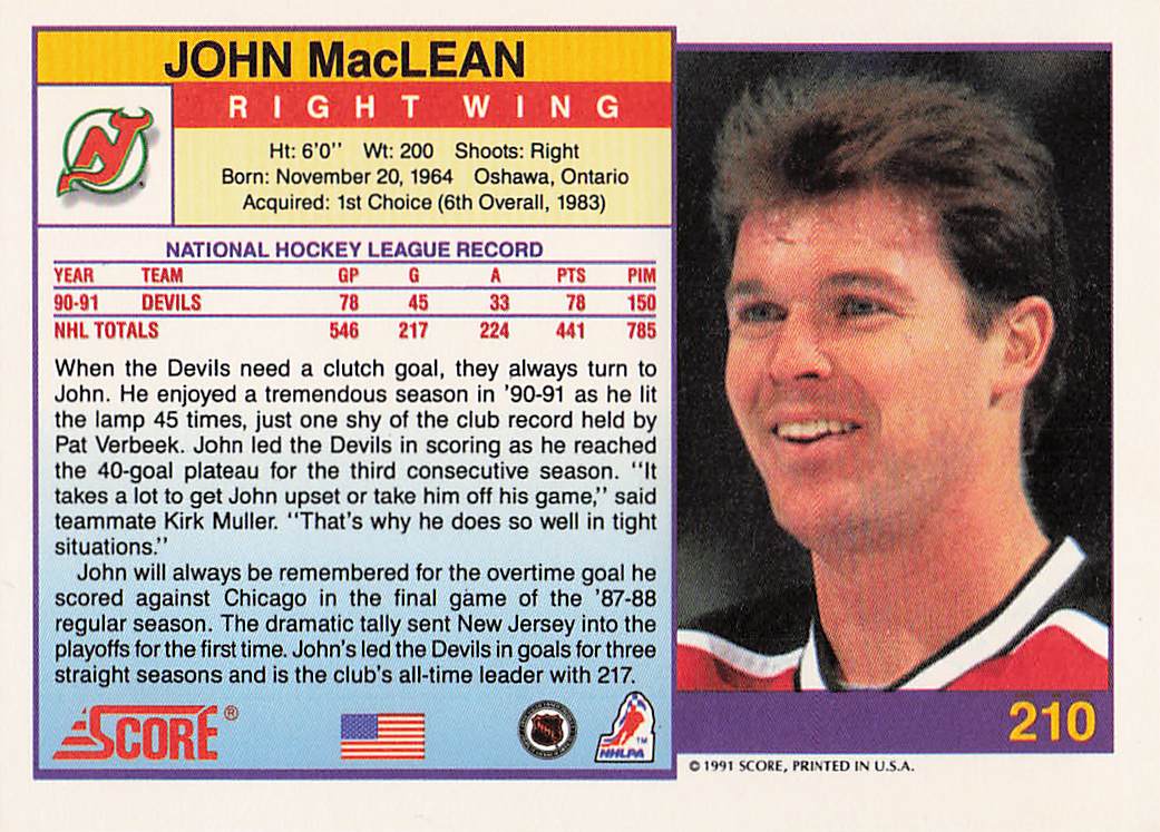 1991-92 Score American Hockey John MacLean #210