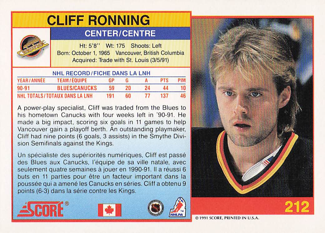 1991-92 Score Canadian English Hockey Cliff Ronning #212