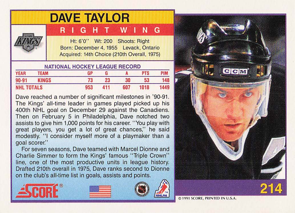 1991-92 Score American Hockey Dave Taylor #214