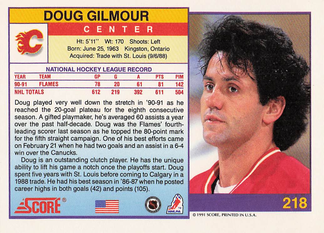1991-92 Score American Hockey Doug Gilmour #218