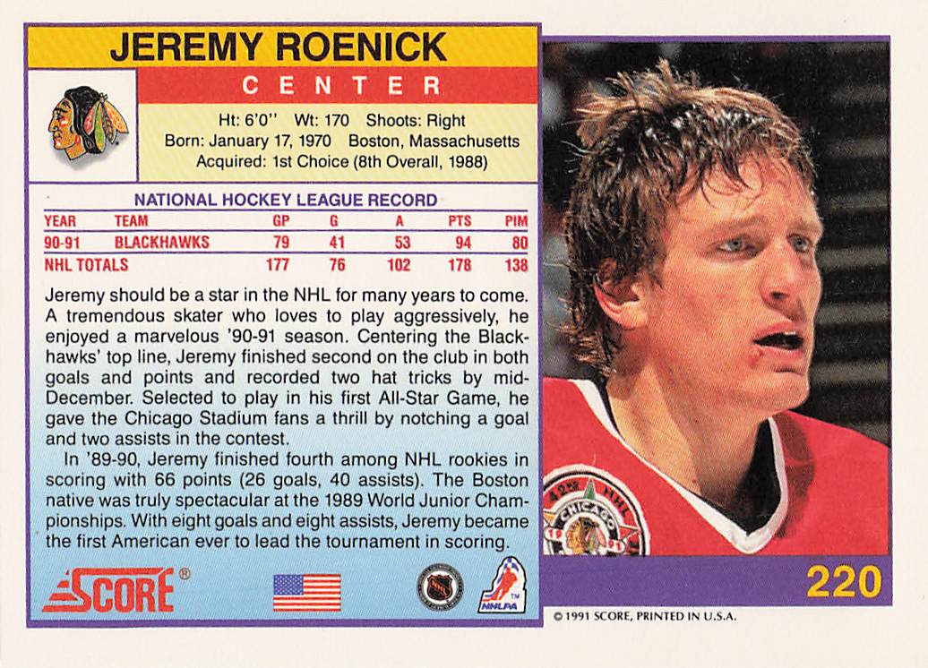 1991-92 Score American Hockey Jeremy Roenick #220