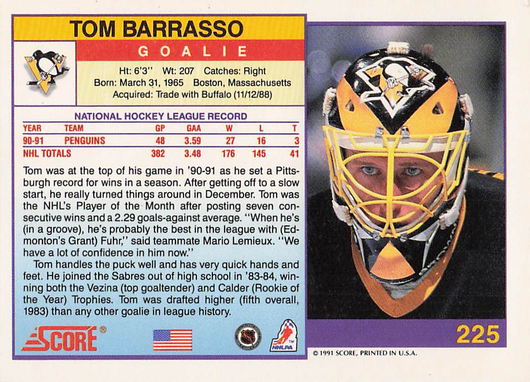 1991-92 Score American Hockey Tom Barrasso #225