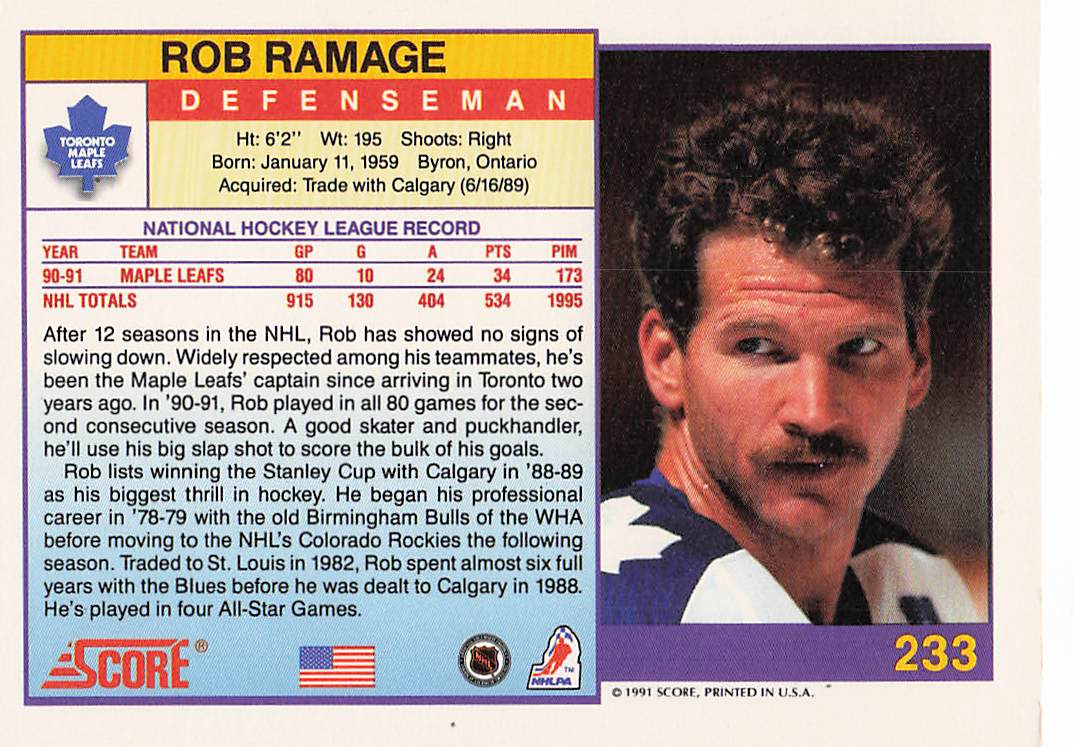 1991-92 Score American Hockey Rob Ramage #233