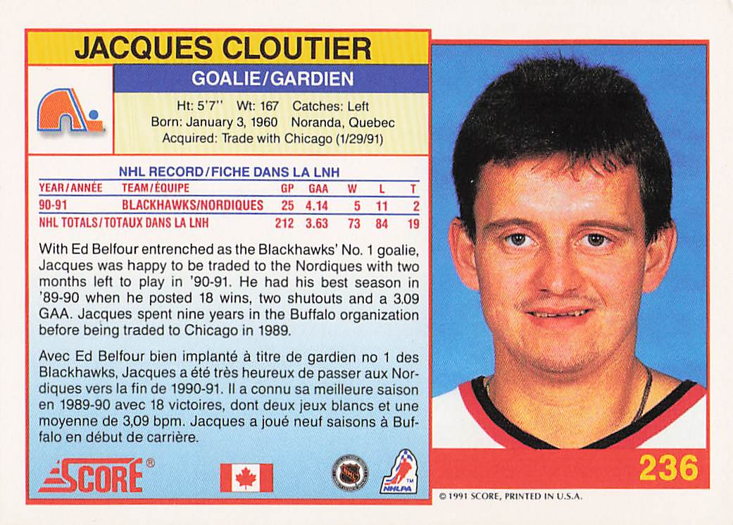 1991-92 Score Canadian English Hockey Jacques Cloutier #236