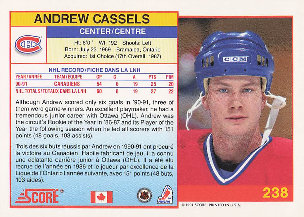 1991-92 Score Canadian English Hockey Andrew Cassels #238