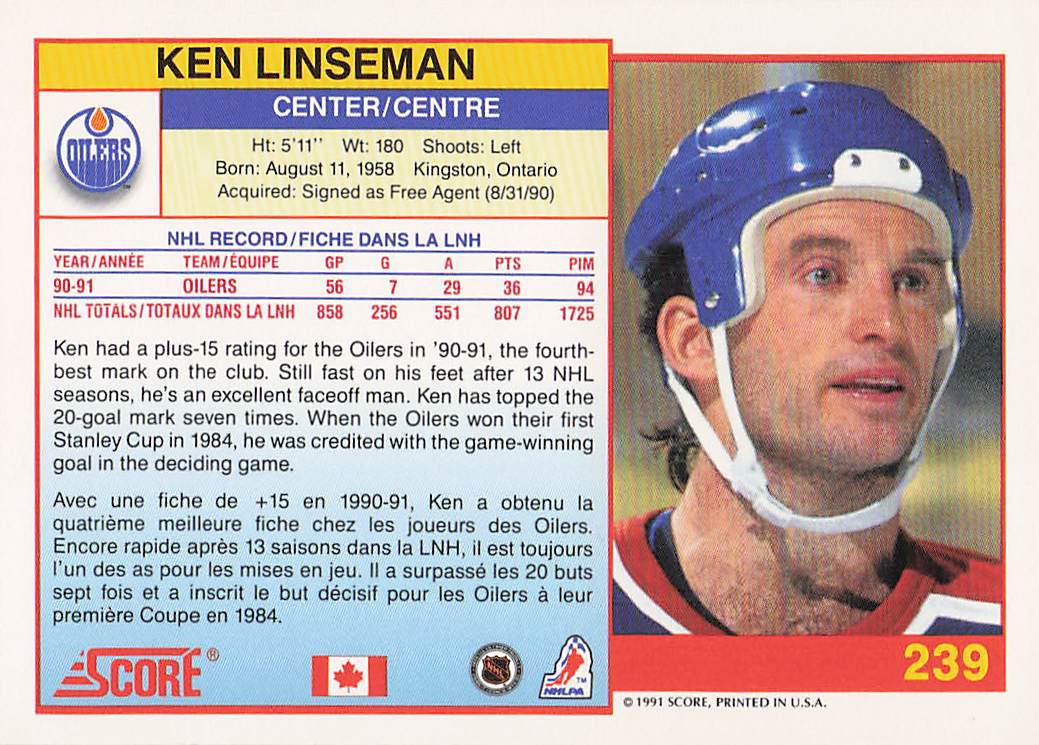 1991-92 Score Canadian English Hockey Ken Linseman #239