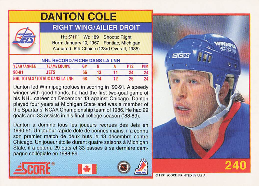 1991-92 Score Canadian English Hockey Danton Cole #240