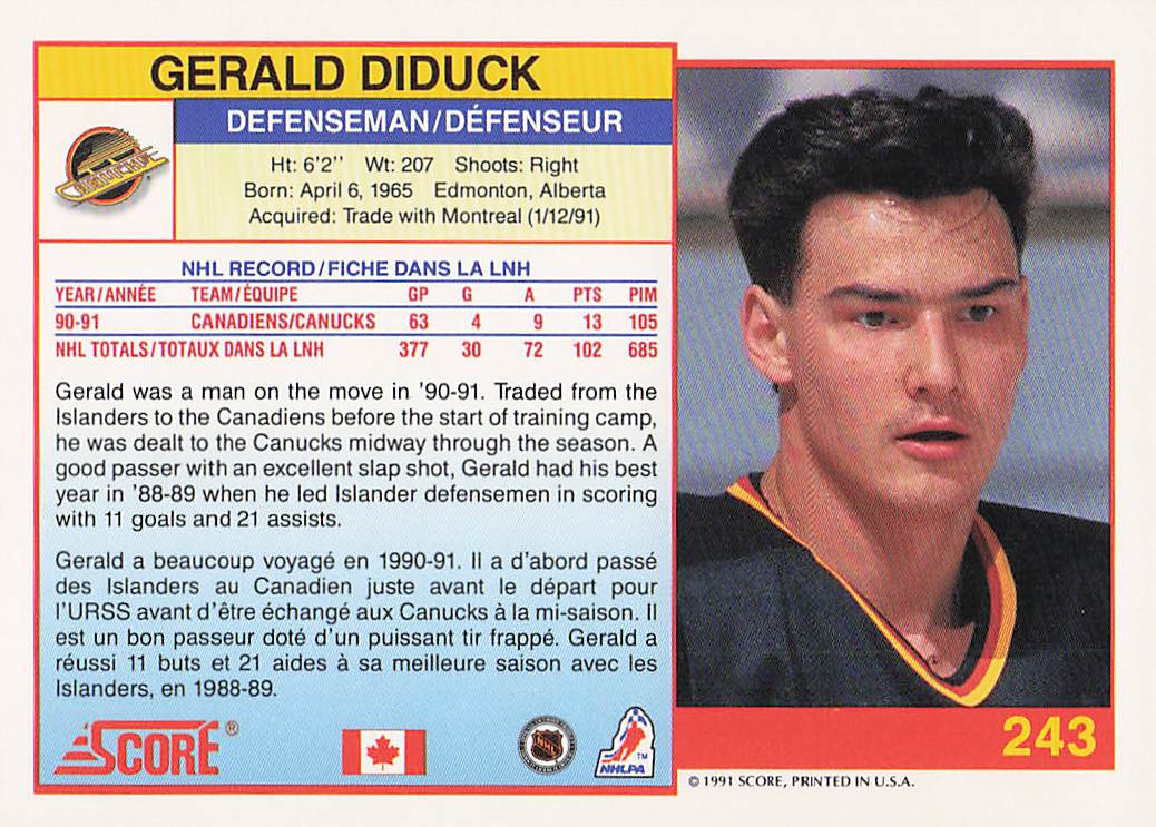 1991-92 Score Canadian English Hockey Gerald Diduck #243