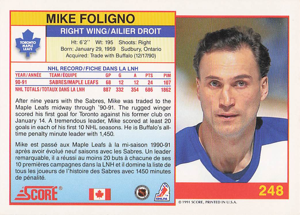 1991-92 Score Canadian English Hockey Mike Foligno #248