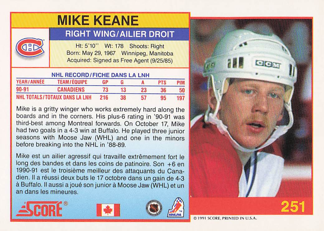 1991-92 Score Canadian English Hockey Mike Keane #251