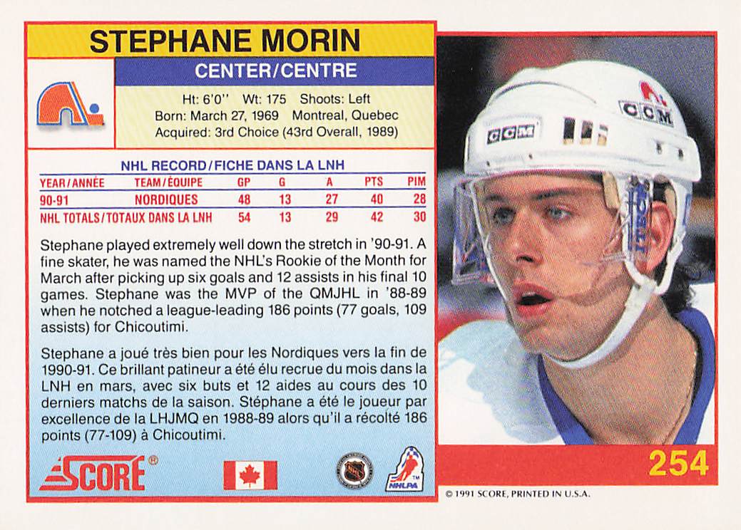 1991-92 Score Canadian English Hockey Stephane Morin #254