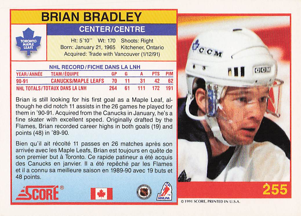 1991-92 Score Canadian English Hockey Brian Bradley #255