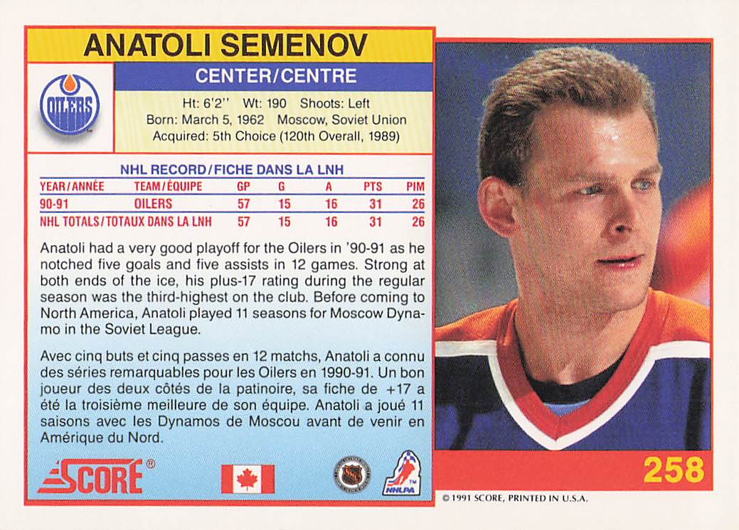 1991-92 Score Canadian English Hockey Anatoli Semenov #258