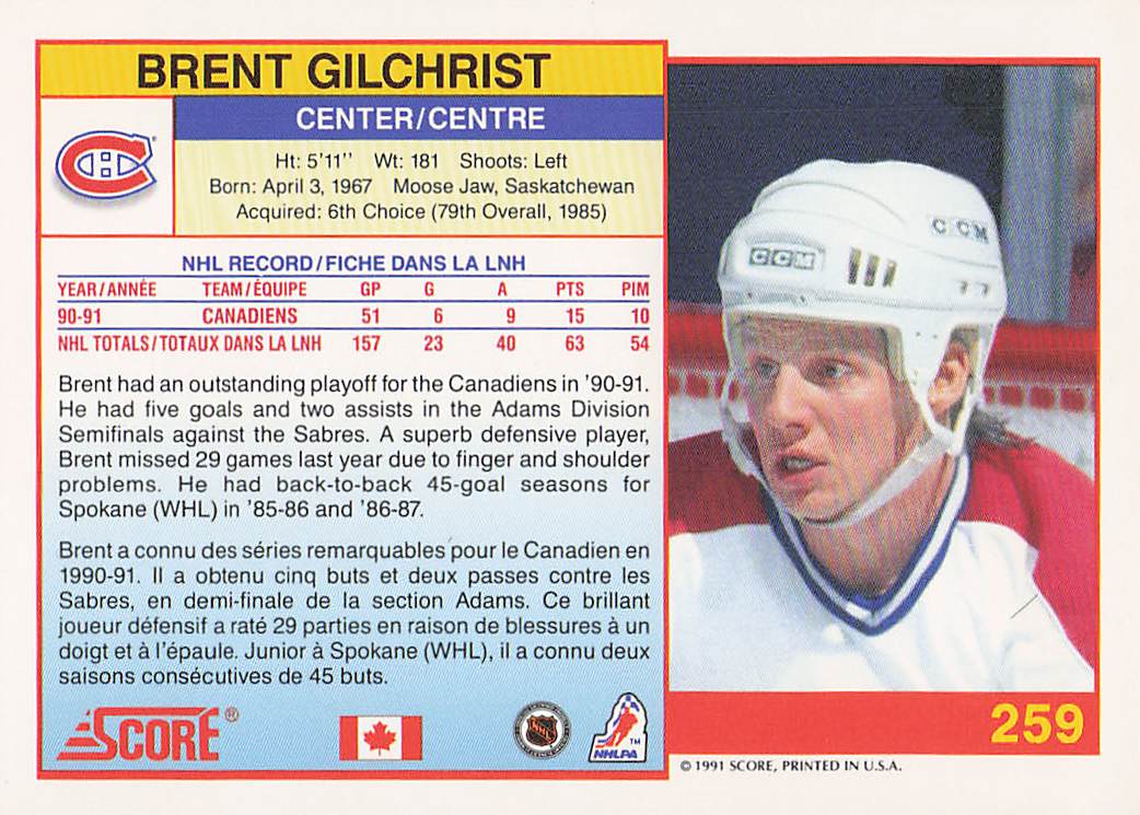 1991-92 Score Canadian English Hockey Brent Gilchrist #259