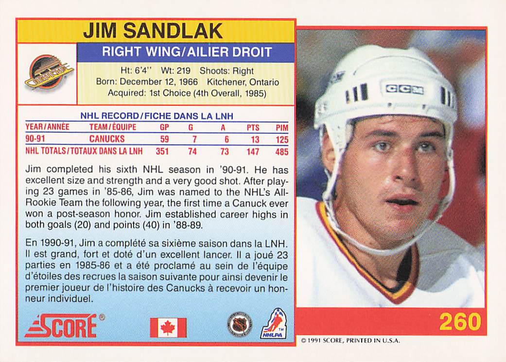 1991-92 Score Canadian English Hockey Jim Sandlak #260