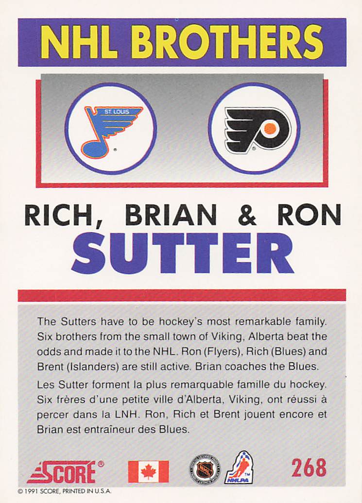 1991-92 Score Hockey Rich Sutter / Brian Sutter / Ron Sutter BRO #268
