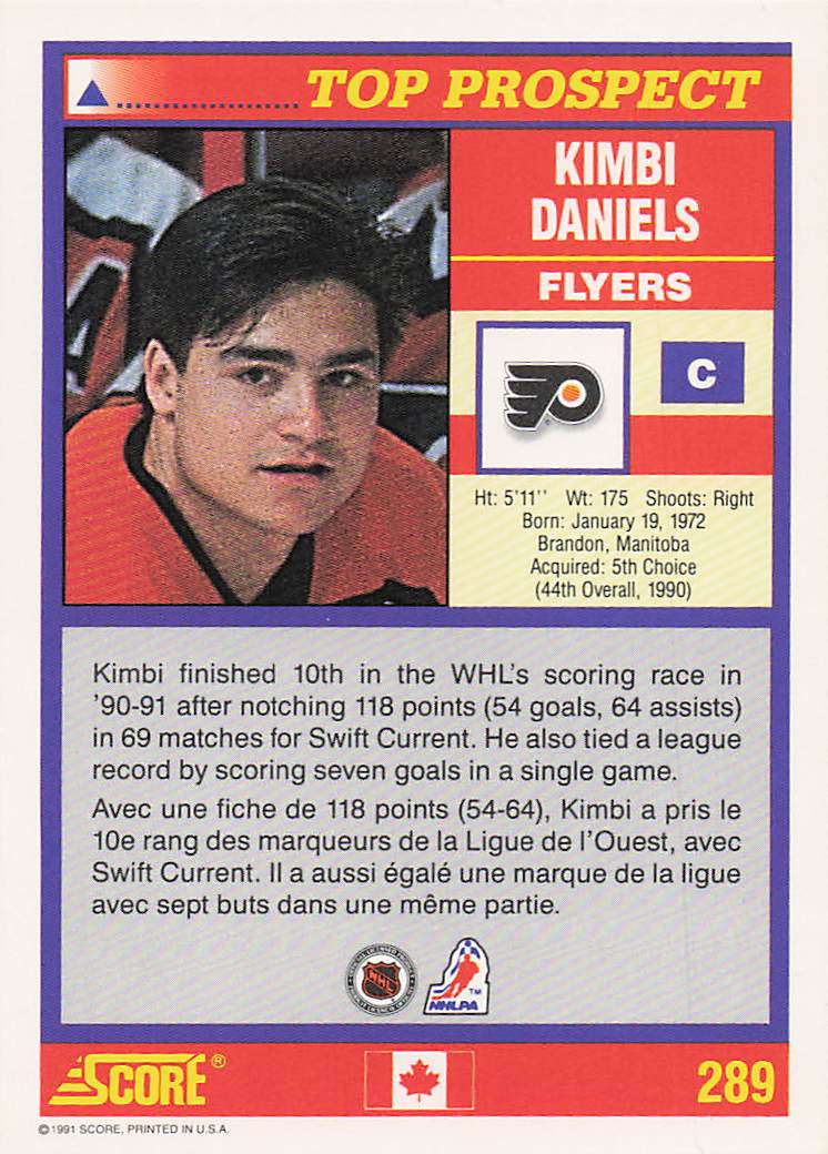 1991-92 Score Canadian English Hockey Kimbi Daniels #289 Rookie