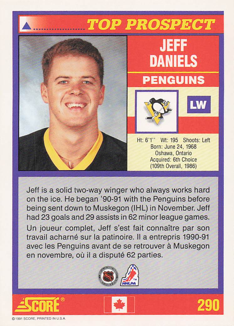 1991-92 Score Canadian English Hockey Jeff Daniels #290 Rookie